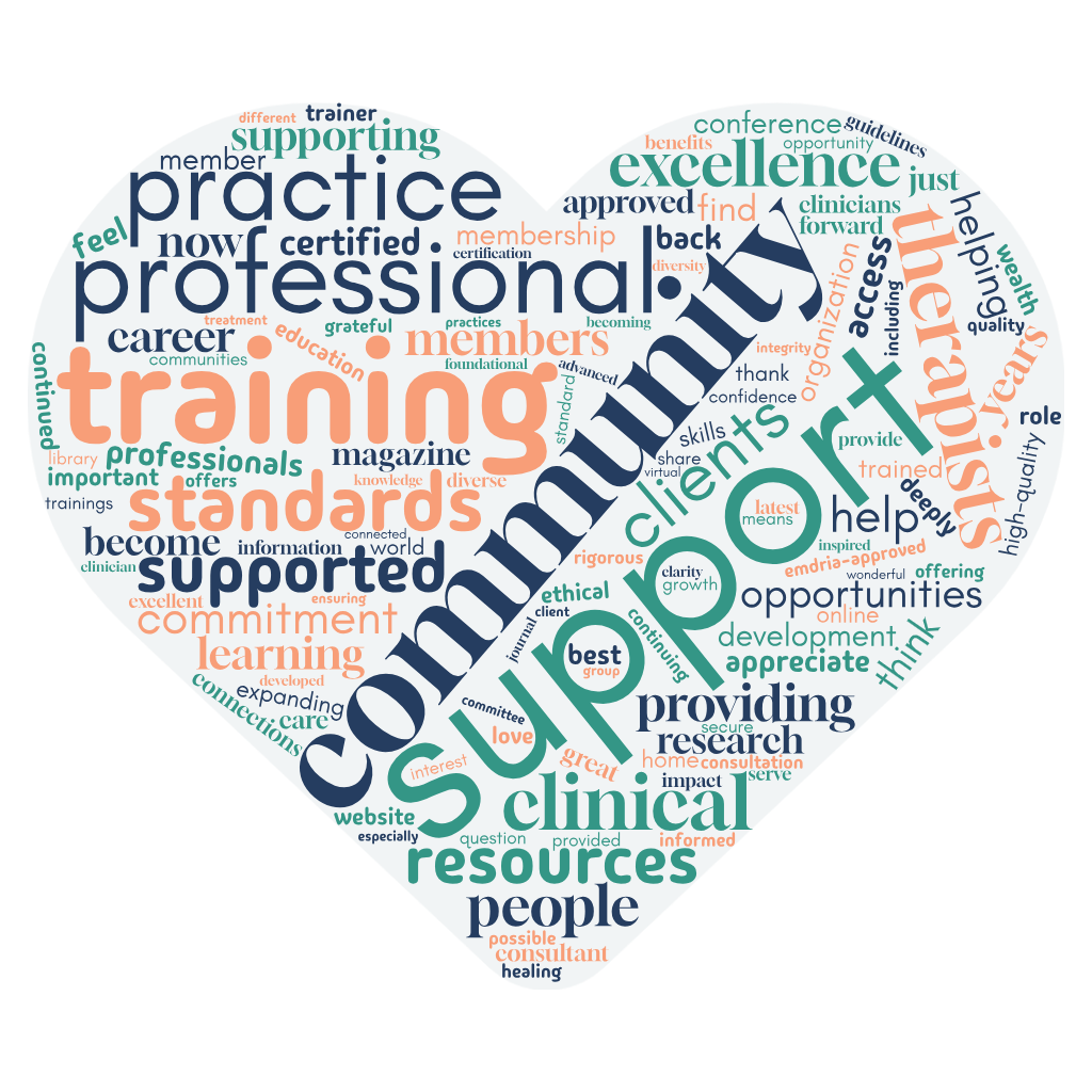 wordcloudheart2 A heart-shaped word cloud filled with words our members use to describe what EMDRIA means to them. Words like community, support, professional growth, and excellence came up again and again.